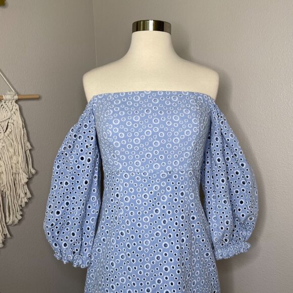 Prose & Poetry Sheila Midi Dress Size Small Blue Eyelet Off the Shoulder New - Picture 3 of 13
